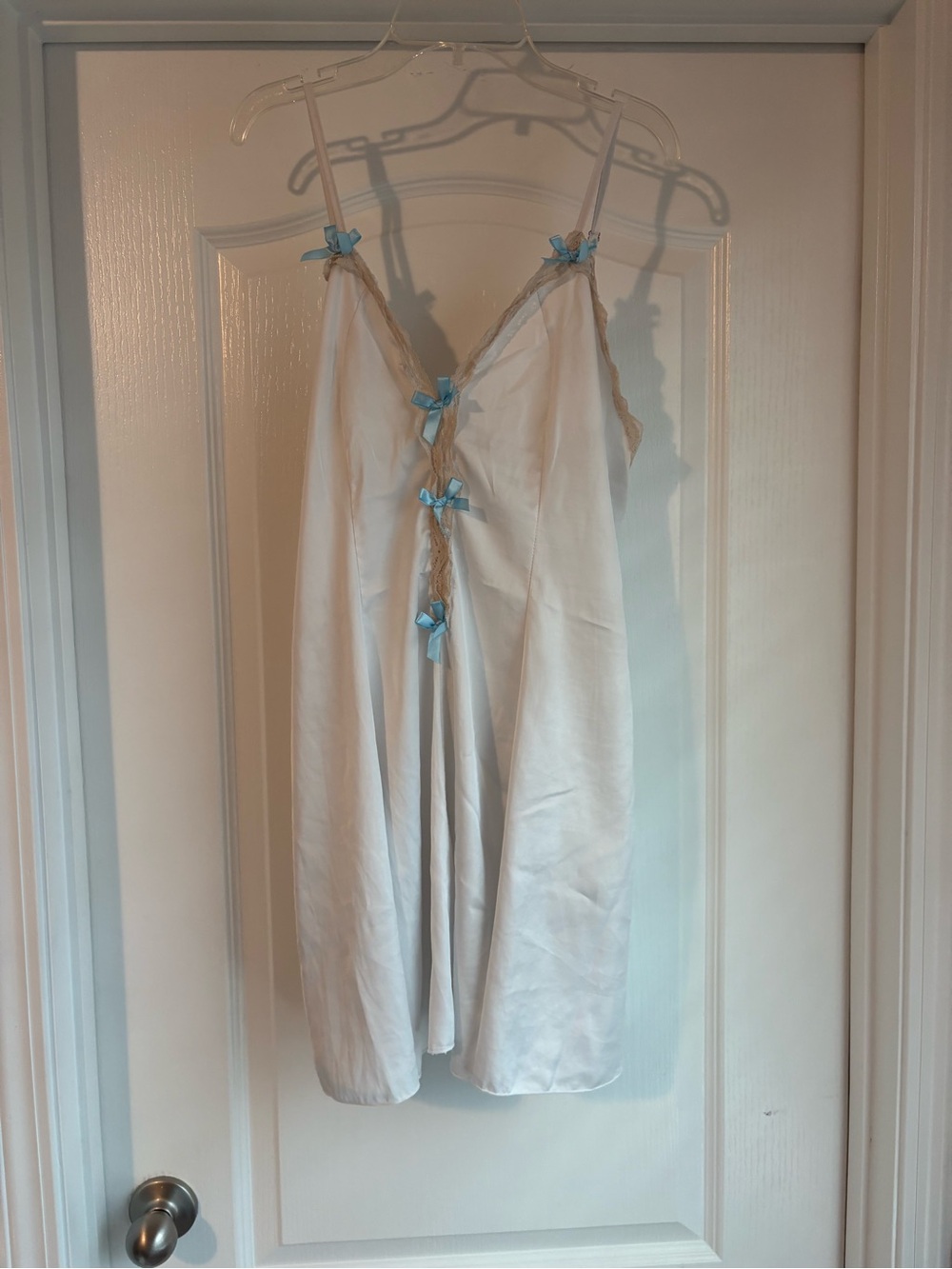 SHEIN White Satin Chemise with Blue Ribbon Accents